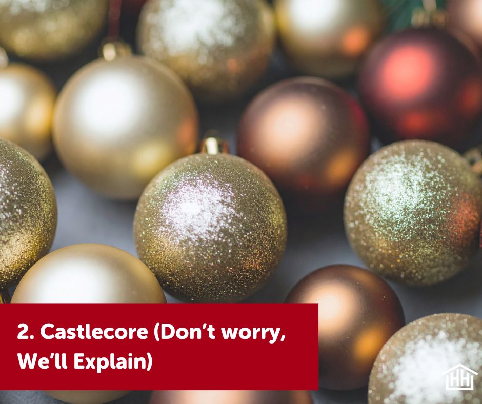 Castlecore holiday decor display with glittering ornaments and rich textures